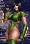 1girl armgloves artist_logo black_hair black_orchid blue_eyes blurry_background cleavage depth_of_field detailed_background female_only fighter flowerxl green_gloves green_high_heel_boots green_leotard hand_on_weapon huge_ass huge_breasts killer_instinct leotard light-skinned_female light_skin looking_at_viewer orchid purple_lips purple_lipstick rareware ribbon_trim ripped_clothes ripped_clothing ripped_leotard short_hair side_view standing thick_thighs video_game_character video_games weapon