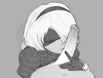  1boy 1girl black_and_white blindfold clothed_female_nude_male dotdotnsfw fellatio gloves kissing_penis large_penis monochrome nier:_automata pov touching_penis unseen_male_face white_hair yorha_2b yorha_no._2_type_b 
