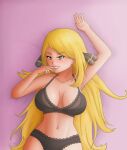 1female 1girl 2018 big_breasts black_lingerie blonde_hair breasts creatures_(company) cynthia_(pokemon) digital_drawing_(artwork) digital_media_(artwork) female_only finger_on_mouth fit_female game_freak hair_bow lingerie long_hair looking_at_viewer lying_on_bed lying_on_floor midriff nintendo pale-skinned_female pale_skin panties pokemon pokemon_dppt pokemon_trainer saf-404 safartwoks safartworks seductive_eyes seductive_look sexy_body shiny_skin smiley_face straight_hair upper_body video_game_character yellow_eyes