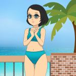  artist_request beach bikini black_hair blue_eyes glasses original swimsuit 