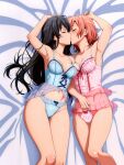  2_girls alluring black_hair cookiefudge kissing lingerie on_bed pink_hair yahari_ore_no_seishun_lovecome_wa_machigatteiru. yuigahama_yui yukinoshita_yukino yuri 