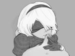  1boy 1girl black_and_white blindfold clothed_female_nude_male dotdotnsfw fellatio gloves kissing_penis nier:_automata pov small_penis small_penis_adoration touching_penis unseen_male_face white_hair yorha_2b yorha_no._2_type_b 