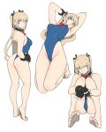  1girl arms_up ass bare_legs barefoot black_ribbon blonde_hair blue_eyes blue_leotard bow bowtie closed_mouth dead_or_alive dead_or_alive_6 dead_or_alive_xtreme dead_or_alive_xtreme_2 dead_or_alive_xtreme_3 dead_or_alive_xtreme_3_fortune dead_or_alive_xtreme_beach_volleyball dead_or_alive_xtreme_venus_vacation gloves hair_ribbon hand_on_own_hip high_res highleg highleg_leotard leotard long_hair marie_rose medium_breasts multiple_views red_bow red_bowtie ribbon simple_background sitting tecmo toshinoshin twin_tails white_background 