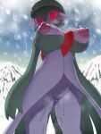  1girl alpha_pokemon aroused big_breasts gardevoir giantess looking_at_viewer looking_down_at_viewer mini_giantess nipples outdoors outside pokemon pokemon_(species) pussy_juice pussy_juice_drip red_eyes snow solo_female sweat tall_female 
