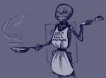1boy 2010s 2015 2d 2d_(artwork) animated_skeleton apron bad_id bad_tumblr_id digital_media_(artwork) frying_pan inactive_account male male_only monochrome monster naked_apron noxiousaberration one_eye_closed partially_nude sans sans_(undertale) simple_background skeleton solo solo_male spatula text_on_apron tumblr undead undertale undertale_(series) video_game_character video_games