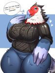1girl 2020 4_fingers amelia_(animal_crossing) animal_crossing anthro avian beak big_breasts bird black_feathers blush bottomless breasts chubby chubby_female clothed clothes clothing cowboy_shot curvy_figure dialogue english_text falconid feathers female_only front_view furry heart high_res looking_at_viewer multicolored_body nintendo ocaritna open_mouth red_feathers simple_background smile speech_bubble sweater text thick_thighs thighs wide_hips wings