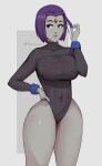  1girl abs grey_skin huge_breasts nails phat_smash raven_(dc) short_hair teen_titans thick_thighs tight_suit violet_eyes violet_hair 