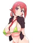 1girl 1girl bikini blush breasts closed_mouth collarbone commentary_request covered_nipples elf_k gabriel_dropout green_bikini hair_between_eyes hair_rings head_tilt high_res huge_breasts looking_at_viewer micro_bikini navel neck_tie open_clothes open_shirt pink_eyes red_hair red_necktie satanichia_kurumizawa_mcdowell smile swimsuit white_background