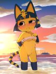 1girl 2020 animal_crossing ankha ankha_(animal_crossing) anthro arms_bent big_eyes big_head blurred_background blush bodily_fluids bow_knot breasts chest_wraps cleavage clothed clothing cloud dagasi day detailed_background embarrassed featureless_hands felid feline front_view frown fur hand_on_breast hand_on_butt high_res horizon legs_in_water legs_together looking_aside mammal markings narrow_tail nintendo no_pupils panties partially_submerged partially_submerged_legs ring_(marking) ringtail sand sea side-tie_panties skimpy skinny_tail sky slim sparkles standing standing_in_water straight_legs submerged_legs sun sweat tail tail_markings tucked_arm under_boob underwear water wet wraps yellow_body yellow_fur