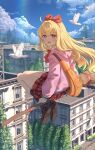 1girl 1girl absurd_res animal bird blonde_hair blue_sky bow broom broom_riding building cloud collared_shirt commentary day flying gabriel_dropout gabriel_tenma_white high_res jl_tan kneehighs loafers long_hair looking_at_viewer midair open_mouth outside pink_sweater pleated_skirt purple_eyes red_bow red_skirt shirt shoes skirt sky socks sweater tree white_shirt