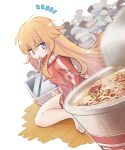 1girl :t ^^^ barefoot blonde_hair blush chopsticks closed_mouth commentary_request computer cup_ramen dutch_angle food from_behind gabriel_dropout gabriel_tenma_white hair_between_eyes hc2002 jacket kamaboko laptop long_hair long_sleeves looking_back messy_hair mouth_hold narutomaki noodles on_floor purple_eyes ramen sfw sitting sparkle track_jacket very_long_hair white_background wooden_floor