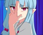 1girl 1girl blue_hair chinese_commentary chinese_text chuunibyou commentary_request derivative_work evil_grin evil_smile gabriel_dropout grin hair_bobbles hair_ornament hand_on_own_face kaiven_banzhang kiriha_(tsugumomo) long_hair oozora_naomi parody pointy_ears pose red_eyes satanichia_kurumizawa_mcdowell screencap_redraw smile tsugumomo voice_actor_connection