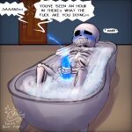 1:1 1:1_aspect_ratio 1boy 2020s 2023 2d 2d_(artwork) animated_skeleton artist_name bathing bathroom bathtub blue_blush blue_cum blue_penis blush bubble_bath comic_sans covering_mouth covering_own_mouth cum cumshot digital_media_(artwork) door ectopenis ejaculation english_text fallen_ghost_angel_(artist) genitals male male_masturbation male_only masturbation monster monster_boy papyrus papyrus_(font) papyrus_(undertale) penile penile_masturbation penis profanity sans sans_(undertale) sequence sequential skeleton solo_focus solo_male speech_bubble surprised text twitter undead undertale undertale_(series) unseen_character video_game_character video_games