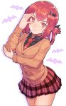 &gt;:) 1girl absurd_res animal_print bat_hair_ornament bat_print black_shirt breasts cardigan closed_mouth collared_shirt commentary_request cowboy_shot cross cross_print gabriel_dropout hair_ornament hair_rings high_res inverted_cross kibanda_gohan looking_at_viewer medium_breasts neck_tie plaid plaid_skirt pleated_skirt pose red_eyes red_hair red_necktie red_skirt satanichia_kurumizawa_mcdowell school_uniform sfw shadow shirt sidelocks simple_background skirt smile smug thighs v-shaped_eyebrows white_background