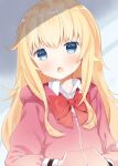 1girl blonde_hair blue_eyes blush bow capriccio chestnut_mouth commentary_request dated gabriel_dropout gabriel_tenma_white hands_in_pockets hood hoodie long_hair looking_at_viewer open_mouth photoshop_(medium) sfw upper_body