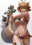 1girl abs absurdres animal_ears antenna_hair armpits bare_shoulders big_breasts black_gloves black_shorts blazblue breasts brown_eyes brown_hair clenched_hands cowboy_shot crop_top dai_toro dual_wielding fingerless_gloves gloves hair_between_eyes hand_up highres holding looking_at_viewer makoto_nanaya multicolored_hair navel no_bra no_panties open_mouth orange_shirt orange_skirt pussy revealing_clothes shirt short_hair shorts sidelocks simple_background skirt sleeveless sleeveless_shirt solo_female squirrel_ears squirrel_girl squirrel_tail stomach stretching tail teeth third-party_edit thong tonfa two-tone_hair two_tone_hair under_boob upper_teeth_only weapon white_background white_thighhighs