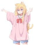 1girl ahoge animal_ears arms_up blonde_hair blue_eyes blush cat_ears cat_girl cat_tail closed_mouth collarbone commentary cowboy_shot gabriel_dropout gabriel_tenma_white hair_between_eyes kemonomimi_mode long_hair long_sleeves looking_afar loose_clothes loose_shirt messy_hair neckerchief oversized_clothes pink_shirt piyomi red_neckerchief sailor_collar school_uniform sfw shirt sidelocks simple_background standing sweatdrop tail very_long_hair wavy_hair white_background