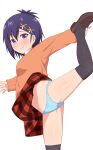  1girl 1girl black_thighhighs blue_hair blue_panties bow bow_panties brown_footwear closed_mouth commentary_request crotch_seam dress_shirt frown gabriel_dropout hair_ornament hairclip high_res leg_hold leg_lift loafers long_sleeves looking_at_viewer miniskirt navel nyaroon orange_sweater panties pantyshot plaid plaid_skirt purple_eyes red_skirt school_uniform shirt shoes short_hair simple_background skirt standing standing_on_one_leg stockings sweatdrop sweater underwear vignette_tsukinose_april white_background white_shirt x_hair_ornament 