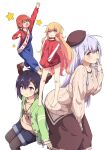 &gt;_&lt; 4girls :3 :d :o aran_sweater arm_up barefoot beret between_legs blonde_hair blush blush_stickers cable_knit casual clenched_hands closed_eyes clothes_writing commentary cross_hair_ornament gabriel_dropout gabriel_tenma_white hair_ornament hairclip hand_between_legs hands_in_pockets hat high_res jacket jpeg_artifacts light_purple_hair long_hair multiple_girls no_pants official_art open_mouth overalls pantyhose pantyhose_under_shorts purple_eyes raphiel_shiraha_ainsworth red_hair sash satanichia_kurumizawa_mcdowell shorts simple_background smile sweater track_jacket translated turtleneck ukami very_long_hair vignette_tsukinose_april white_background x_hair_ornament yellow_eyes