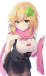 1girl 1girl absurd_res aged_up big_breasts black_skirt blonde_hair blush breasts cleavage cleavage_cutout closed_mouth clothing_cutout gabriel_dropout green_eyes high_res looking_at_viewer pantyhose pink_scarf scarf short_sleeves skirt smile tapris_chisaki_sugarbell tenma-gav
