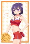 1girl 1girl bad_id bad_pixiv_id bare_shoulders cheerleader collarbone crop_top english_text gabriel_dropout hair_ornament hairclip hand_on_own_hip high_res midriff miniskirt navel nyaroon pleated_skirt pom_pom_(cheerleading) purple_eyes purple_hair short_hair skirt smile speech_bubble stomach tank_top topknot vignette_tsukinose_april x_hair_ornament