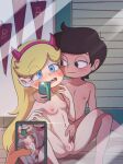  1boy 1girl blonde_hair blue_eyes breasts brown_eyes brown_hair canon_couple censored horns marco_diaz nipples nude nude_female nude_male pussy star_butterfly star_vs_the_forces_of_evil 