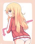 1girl 1girl :/ arrow_(symbol) ass bad_id bad_pixiv_id blonde_hair blue_eyes blush border closed_mouth from_behind gabriel_dropout gabriel_tenma_white jacket long_hair messy_hair panties profile red_jacket track_jacket underwear white_panties yaplus