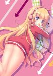 1girl 1girl arrow_(symbol) ass blonde_hair blue_eyes blush candy commentary_request covering_mouth food from_above from_behind gabriel_dropout gabriel_tenma_white headphones holding holding_food jacket leg_lift lollipop long_hair looking_at_viewer looking_back lying naked_jacket no_panties on_stomach pink_background shadow shibainu_niki silhouette star_(symbol) star_print stuffed_animal stuffed_rabbit stuffed_toy thighs track_jacket very_long_hair