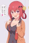  1girl bad_id bad_pixiv_id bat_hair_ornament big_breasts black_shirt blush breasts cardigan cleavage coin coin_on_string collarbone commentary_request fang gabriel_dropout hair_ornament hair_rings heart heart-shaped_pupils high_res holed_coin hypnosis long_sleeves looking_at_viewer mind_control neck_tie nyaroon open_mouth purple_eyes red_hair satanichia_kurumizawa_mcdowell shirt simple_background sleeves_past_wrists symbol-shaped_pupils translated undressing white_background 
