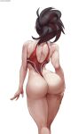  1girl ass ass_focus bare_shoulders big_ass cutesexyrobutts exposed_ass feet_out_of_frame hand_on_ass hand_on_thigh kneepits momo_yaoyorozu my_hero_academia ponytail showing_ass showing_off solo solo_focus swimsuit thicc thick_ass thick_thighs thighs thong white_background 
