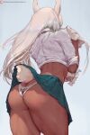  1girl arms_up ass ass_focus big_ass brown_skin bunny_ears bunny_tail cutesexyrobutts female_only gloves miruko_(boku_no_hero_academia) panties pantyshot rumi_usagiyama shirt_up simple_background skirt_lift solo_focus thicc thick_ass thick_thighs thighs white_hair 