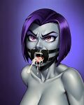  1girl after_fellatio ai_generated angry big_breasts breasts cleavage cum cum_in_mouth dc_comics eyeshadow nude plug_gag portrait purple_hair raven_(dc) ring_gag slave tagme teen_titans 