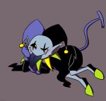 2d 2d_(artwork) blush cape clothed clothing darkner deltarune deltarune_chapter_1 digital_media_(artwork) fangs footwear gloves grey_background hat headgear humanoid imp jester jevil jevil_(deltarune) kuruko_(artist) looking_away lying male on_ground on_side pants pixiv pixiv_id_2377694 pointy_ears sharp_teeth shirt shoes simple_background smile solid_color_background solo_male teeth third-party_source tongue tongue_out undertale_(series) video_game_character video_games yellow_eyes yellow_teeth