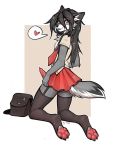 1girl 2019 4_toes 5_fingers animal_genitalia animal_penis anthro arm_tuft biped black_hair black_nose blue_eyes blush canid canine canine_penis canis cheek_tuft chest_tuft clothed clothing crossdressing digital_media_(artwork) elbow_tufts erection eyebrows eyelashes f-r95 facial_tuft felix_heartstone fingers fur furry genitals girly hair high_res inner_ear_fluff looking_at_viewer looking_back male mammal nipples original pawpads penis pink_pawpads school_uniform toes tuft uniform wolf