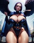  1girl ai_generated belt big_breasts breasts cameltoe cleavage cloak dc female_only grin huge_breasts kw0337 looking_at_viewer purple_hair rachel_roth raven_(dc) smile smiling_at_viewer solo_female teen_titans 