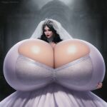  ai_generated black_hair breast_expansion bride gigantic_breasts green_eyes hyper_breasts maggie_bluxome_(artist) massive_breasts milf sexy stable_diffusion veil white_dress 
