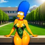  1girl ai_generated blue_eyes blue_hair breasts cameltoe female_focus looking_at_viewer marge_simpson milf nature navel necklace one-piece_swimsuit pearls the_simpsons yellow_skin 