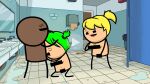 1guy 2_girls bathroom completely_nude_female completely_nude_male cyanide_and_happiness dark-skinned_male dark_skin fellatio green_hair