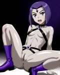  1girl ai_generated angry anus boots bra dc_comics genitals harness harness_bra mostly_nude pussy raven_(dc) spread_legs teen_titans 