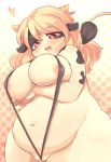 akitaka anthro areola belly big_breasts bikini blonde_hair bovid bovine breasts cattle chubby clothed clothing cow female genitals hair kemono looking_at_viewer mammal mcdonnell-douglas original original_character overweight overweight_anthro overweight_female pussy red_eyes simple_background skimpy sling_bikini solo swimwear white_background