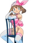  1girl alluring big_breasts chair corset kageta may may_(pokemon) naked_from_the_waist_down pokemon_(anime) sitting thighhighs transparent_background 