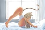  1girl absurd_res animal_ears areola areola_slip ass ass_up barefoot bed big_breasts blonde_hair bottomless breasts cat_ears cat_girl cat_stretch cat_tail curtains female_only gigantic_breasts huge_breasts kaedeno_yuu long_hair on_bed original pillow stretch tail window 