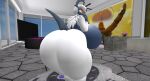 1girl 3d_(artwork) absol ass_focus big_ass big_breasts female_only furry huge_ass huge_breasts pokemon poster red_eyes side_view solo tail tv white_fur window zer0264
