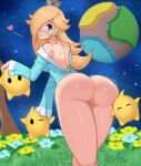  1girl ass bent_over big_ass blonde_hair blue_eyes breast crown dat_ass dress earring eyelashes flower grass grin hair hair_over_one_eye heart jewelry light-skinned_female light_skin long_hair looking_at_viewer looking_back luma mario_(series) motion_lines nintendo no_panties no_underwear petting planet princess princess_rosalina prodviks pussy space standing super_mario_galaxy tagme tree 