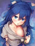  blue_eyes blue_hair embarrassed female_focus female_only hair_ornament large_breasts looking_at_viewer no_bra presenting presenting_breasts pulled_by_self touhou 