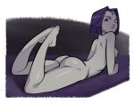 1girl ass barefoot bichrom breast dat_ass dc_comics feet grey_skin legs looking_at_viewer nipple nude older older_female on_stomach purple_eyes purple_hair rachel_roth raven_(dc) short_hair sideboob tagme teen_titans young_adult