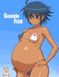 1boy 1girl aliasing bikini blue_hair dark_skin female gamble_fish happy looking_at_viewer lowres pregnant short_hair swimsuit tenseiani tsukiyono_yuka