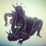  2girls artist_request bird large_breasts monochrome silhouette wrestling 