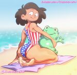  1girl 1girls 2024 4th_of_july american_flag_bikini amphibia asian_female ass ass barefoot beach big_ass big_ass brown_hair chickpea color colored dark-skinned_female digital_drawing_(artwork) earrings feet female_only frog huge_ass huge_ass kneel looking_at_viewer milf ocean oum_boonchuy plushie sfw smile soles swimsuit toes towel 