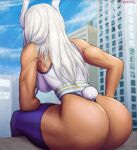  1girl alluring arms artist_name ass bare_shoulders big_ass breasts bunny_ears bunny_girl clothed dark-skinned_female dark_skin dat_ass from_behind long_hair mirko miruko_(my_hero_academia) muscle muscular_female my_hero_academia non-nude outdoors presenting round_ass rumi_usagiyama sexy sitting slut stockings superbusty tail tan tank_top thick_thighs thong usagiyama_rumi white_hair wide_hips 